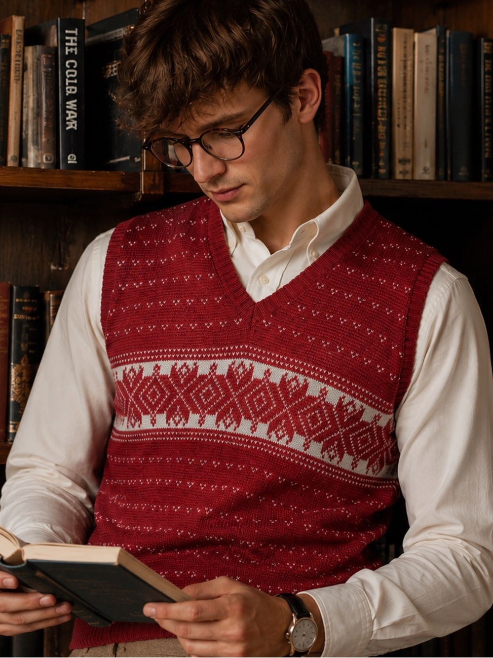 Vintage Bouvy Paris New York Men’s Nordic Sweater Vest L Red Grandpa Fair Isle